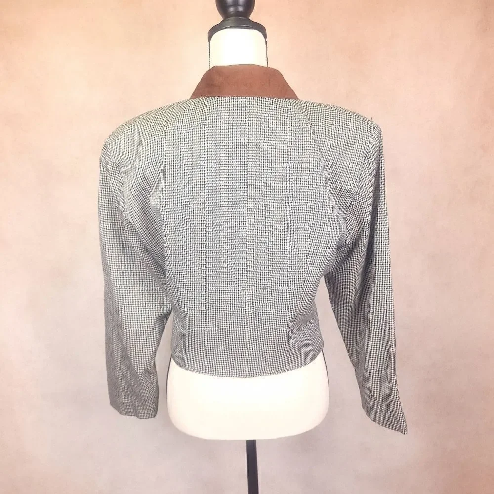 Vintage Marie Claire Houndstooth Two Button Cropped Blazer Suit Jacket Brown